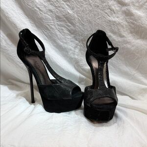 bebe Black Ankle Strap Platform Heels
